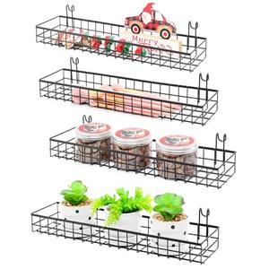 ANZOME Wire Wall Basket, Grid Basket with Hooks, Wall Mounted Organizer for Wall Grid, Kitchen Organizer, Wire Storage Shelf Rack for Home Supplies, Wall Decoration(Four-Pack)