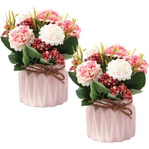 2 PCS Mini Hygrangea Artificial Flowers in Vase, Small Centerpiece Table Decorations - Fake Plant in Vase, Faux Hydrangea Flower Decor for Home, Wedding, Office and Party (Pink)