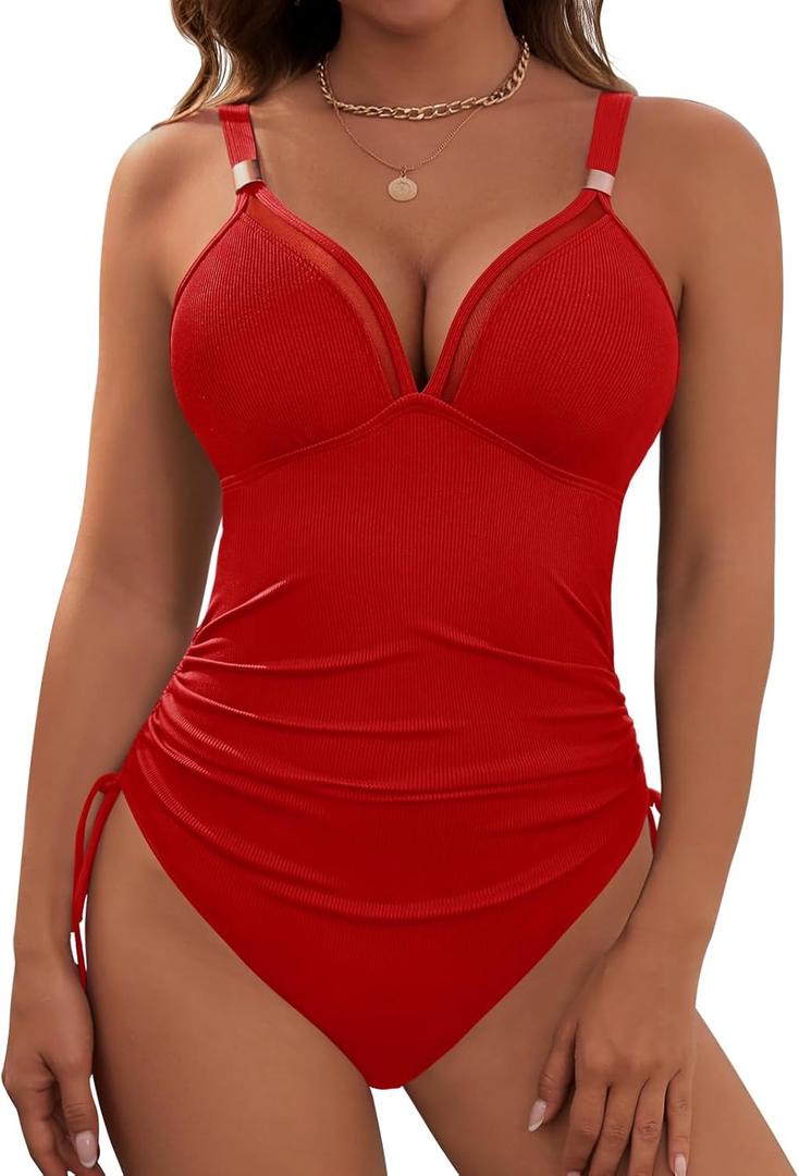 Women's Tummy Control One Piece Swimsuit Ribbed Slimming Mesh Modest Bathing Suit Metal Tie Knot Swim Suits, XL