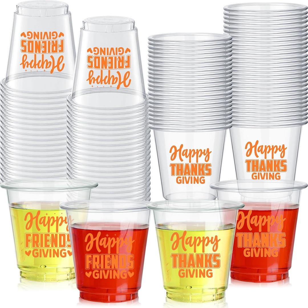 Jingmore 50 Pcs 3 oz Merry Christmas Shot Cups Small Plastic Party Glasses Clear Disposable Drinking Cups Whiskey Tasting Food Samples Glasses for Xmas Party & Events(Thanks Friends Giving)