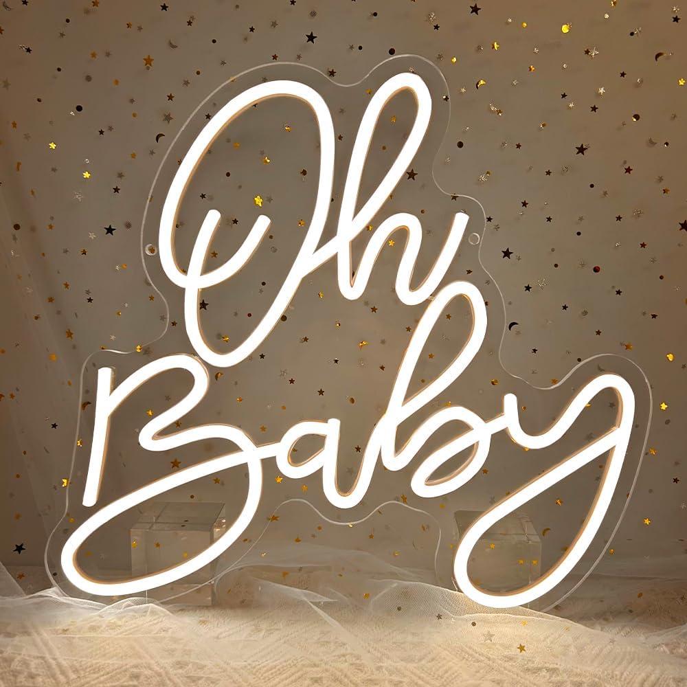 Oh Baby Neon Sign, Baby Shower LED Neon Light for Party Wall Decor Light Up Sign for Gender Reveal Birthday Party Decorations Warm White Dimmable USB Powered(14.2"*12.9")