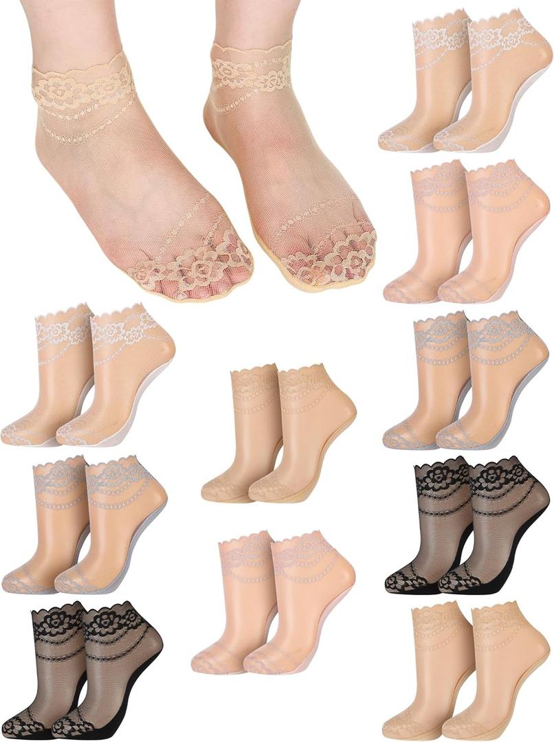 10 Pairs Womens Lace Ankle Socks Non Slip Low Cut and No Show Lace Socks Sets for Loafers Flats (One Size Short, Classic)