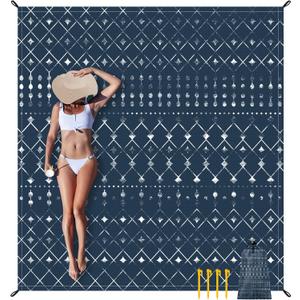 Beach Blanket Waterproof Sandproof, Large Beach Picnic Blankets Foldable Sand Free, Beach Mat Windproof w/Stakes and Corner Pocket for Outdoor, Travel, Camping, Hiking, Beach Essentials-Navy Geometry (9x10 FT (18 Person))