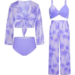 GRACE KARIN Teen Girls Bathing Suits Kids 4 Piece Long Sleeve Swimsuit Kimono Up Pants Bikini Tankini Set Swimwear (10-12 Years, Purple-coconut Tree)