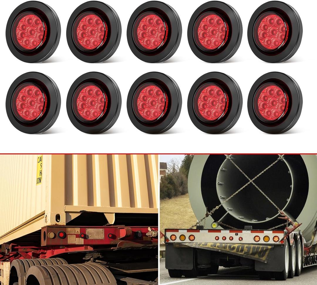 10PCS 2" Inch Round Red Trailer LED Side Marker Clearance Lights Kit Waterproof 9 LED w/Grommets and 2 Prong Pigtails for 12V Truck Trailer RV Van Boat