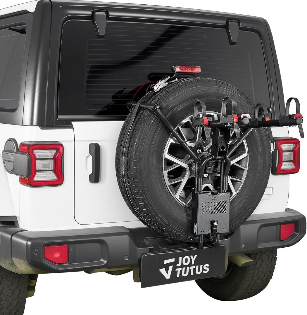 JOYTUTUS Spare Tire Bike Rack for 2 Bikes, Fits 25.5"-37" Diameter 10"-13.5" Width Tires, Anti-Wobble Foldable Bike Carrier with Lock for Wrangler Bronco SUV (No Tire Removal Required)