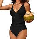 Charmo Tummy Control One Piece Swimsuits for Women Ruched Bathing Suits Criss Cross Strappy Monokini Black Large