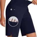 Womens 9" Swim Board Shorts with Zipper Pockets High Waisted Quick Dry Beach Bermuda Long Swimming Trunks UPF 50+ (Large, Navy)