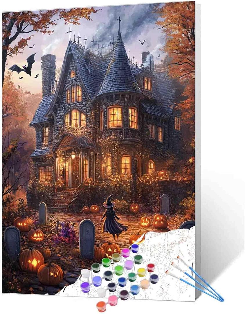 Paint by Number Halloween Spooky Castle DIY Painting On Canvas with Brushes Acrylic Paints Pumpkins Bats Witch Halloween Wall Decor Paint by Numbers for Adults Beginner 16x20 Inchwithout Frame