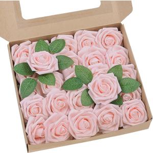 Artificial Flowers 25 Pack Blush Faux Foam Roses with Stems, Real Looking Fake Rose for DIY Wedding Bouquets, Bridal Shower Centerpieces, Party Table Decorations, Home Decor