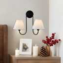 Linen Double Wall Sconce, Retro Swoop Wall Lamp with Aged Brass Metal Arms, 17" W x 16" D x 5" H