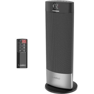 Lasko Ellipse Ceramic Tower Heater for Home with Tipover Switch, Child Lock, Digital Display, Thermostat, Wide Oscillation, Remote, Timer, For Bedroom, Office, Living Room, Den, 1500W, Black, CT18950