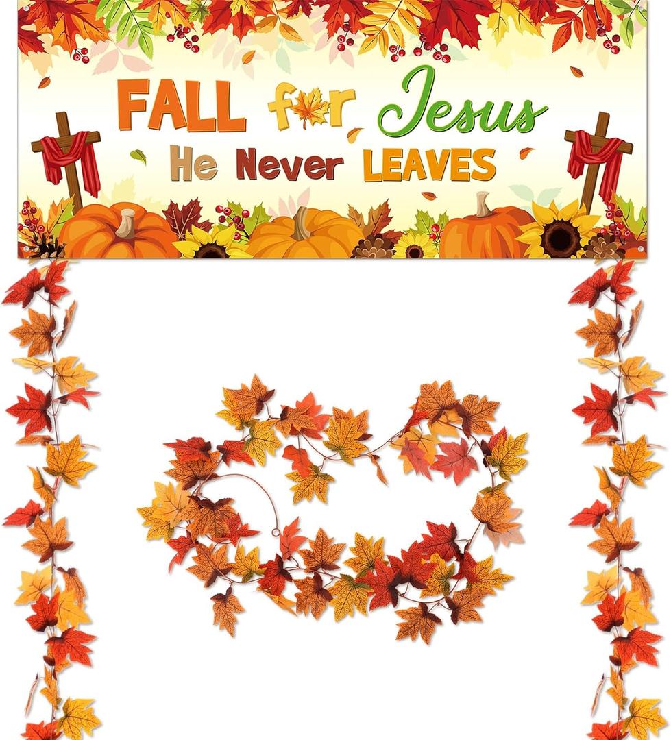 SmoothNovelty 3 Pcs Fall for Jesus He Never Leaves Themed Vacation Bible School Decoration, Jesus Porch Sign Banner Decor - Thanksgiving Classroom Bulletin Board Decor, Fall Christian Church Party