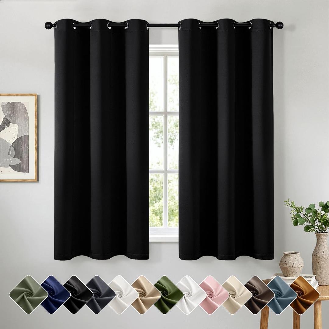 Short Black Blackout Kitchen Curtains, Thermal Insulated Room Darkening Drapes, Small Solid Grommet Window Treatments for Living Room, Bedroom, Nursery, W40 x L54 Inch Long, 2 Panels