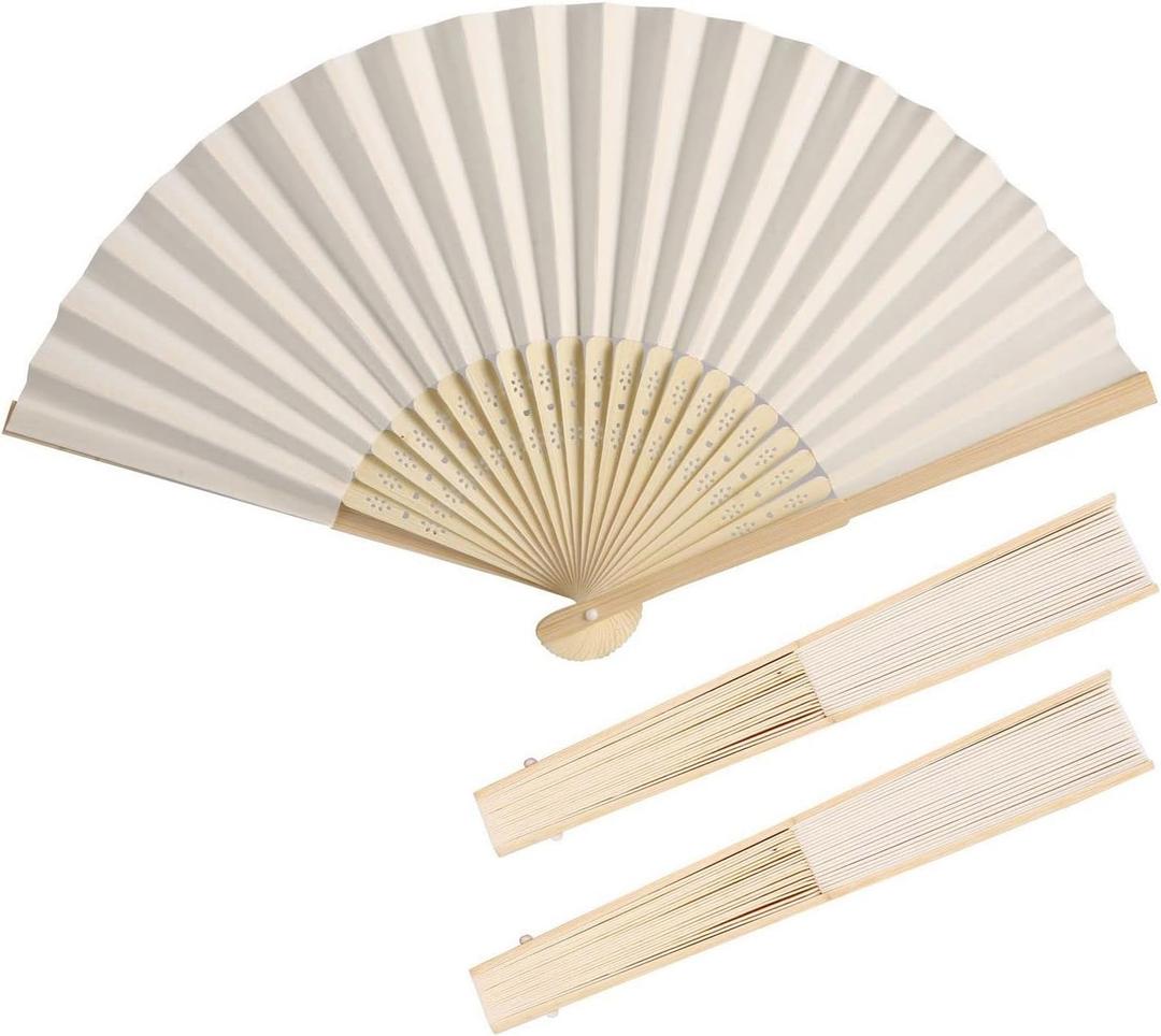 Paper Hand Fan Vintage Bamboo Handle Paper Folding Fans Outdoor Wedding Party Favors (Cream, 50)