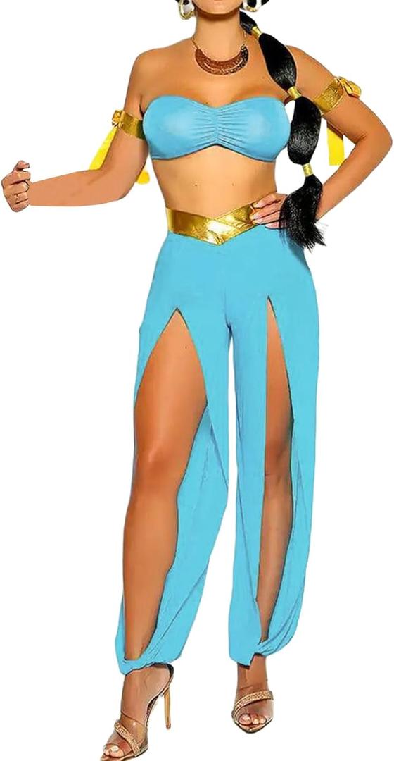 FEORJGP Women Halloween Arabian Princess Cosplay Costume 3 Piece Jasmine Deluxe Adult Costume Halloween Party Cosplay Outfits (Small, Blue)