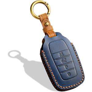 Leather Key Fob Cover, Compatible with Toyota Tundra Corolla Cross Venza Sequoia Highlander Avalon RAV4 Camry C-HR Prius, No Screw Design Key Holder Protector(4 Button, Blue)