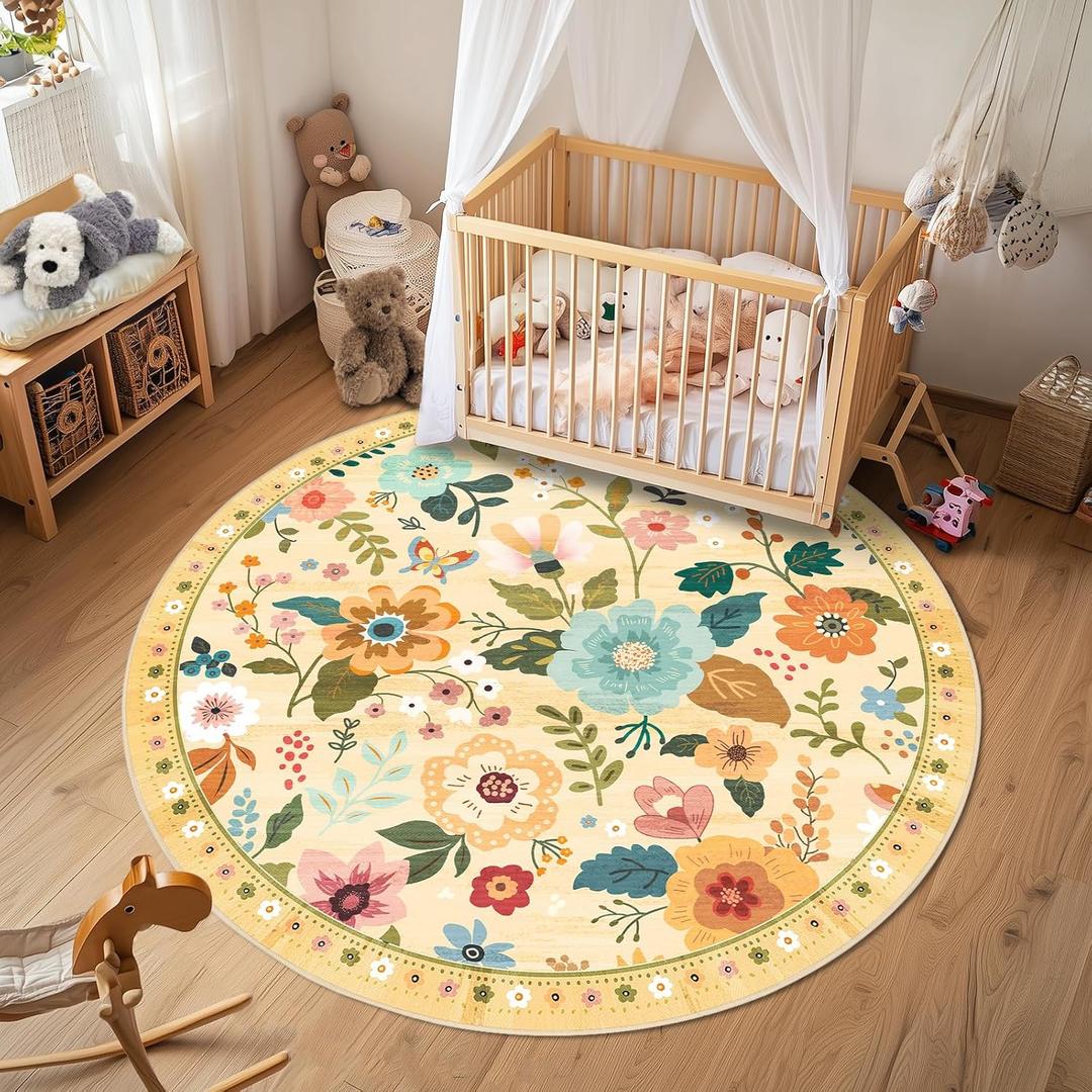 Floral Nursery 6ft Area Rugs Washable Print Boho Cute Carpet Non Slip Flower Low Pile for Living Room Kids Girls Playroom Bedroom Kitchen Office Farmhouse-Ivory/Yellow
