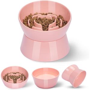 Tilted Raised Slow Feeder Bowl for Cats and Small & Medium Dogs, Raised Design Improves Posture, Spiral Inner Shape Prevents Fast Eating, Dishwasher Safe, 10 oz (Pink, M-Dogs)