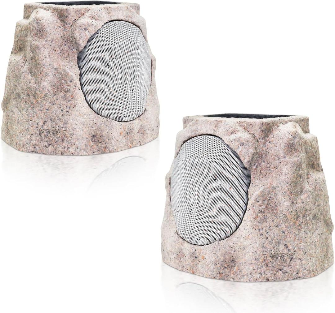 2-Pack Solar Powered Rock Speakers Outdoor Water-Resistant IP44 with Lights 7 Colors, TWS Pair Function for Patio Outside Deck Pool Garden BBQ, 2PCS E