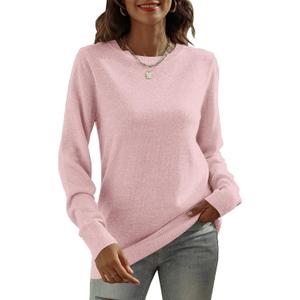 DUTUT Women's Long Sleeve Glitter Tops Crewneck Pullover Sweater Basic Casual Solid Color Tunic Tops Fall Soft Sweater (Pink, XL)