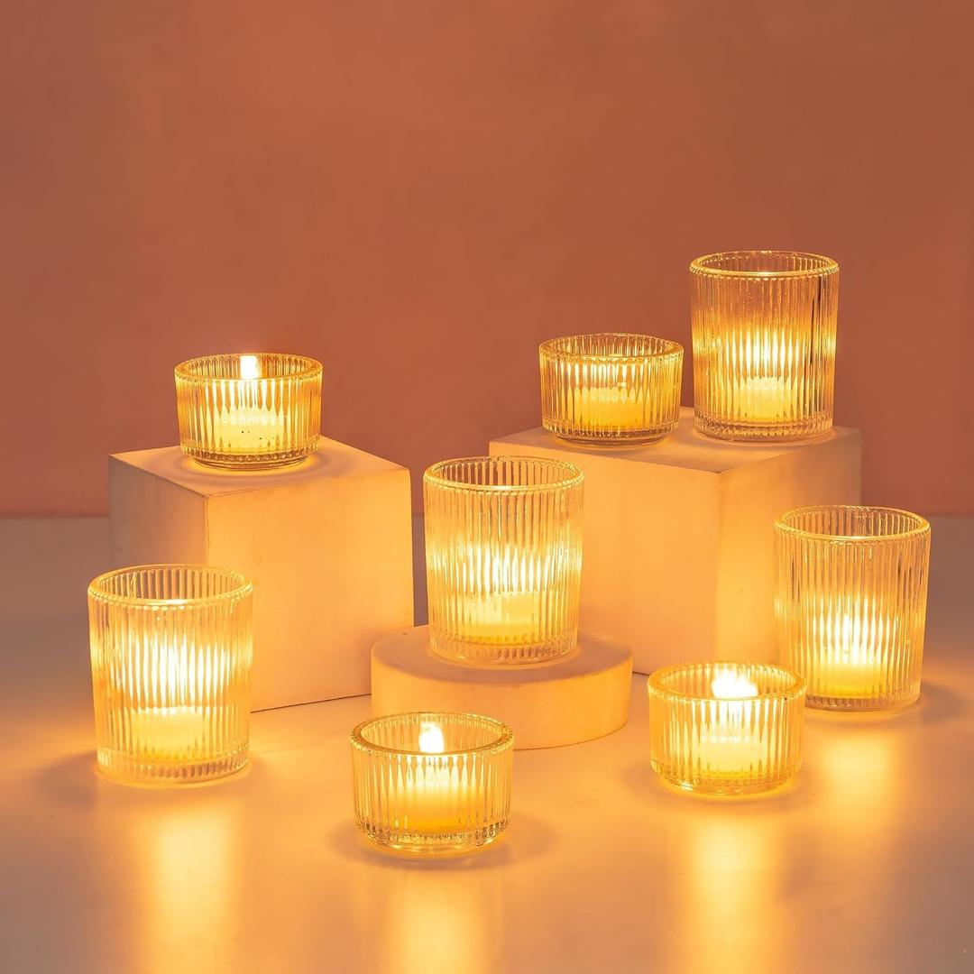 Hewory Glass Tealight Candle Holder: 8 Pcs Tea Lights Candle Holder Clear Votive Candle Holders for Table Centerpiece, Tea Light Holders Glass Candle Holder for Wedding Party Living Room Home Decor