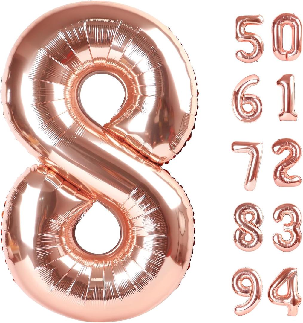 Rose Gold 8 Balloon, Number Balloons 40 Inch, 8th Birthday Decorations for Boys Girls, Birthday Balloons, Rose Gold Party Supplies, Number 8 Balloon