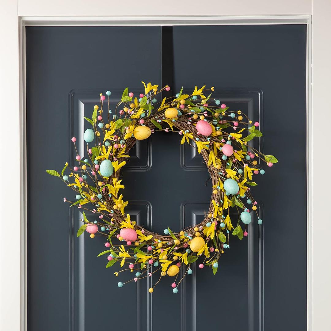 Glitzhome 22" D Easter Wreath with Easter Eggs Berries and Forsythia for Front Door Wall Window Spring Easter Garland with Colored Eggs Berries Holiday Decoration (Yellow)