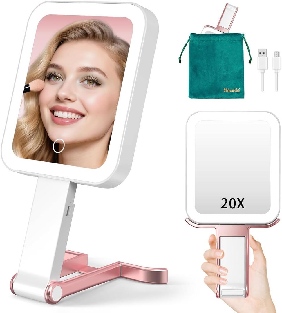 Mocado Travel Makeup Mirror with Lights,20X/1X Magnifying Mirror with Light, Double Sided Travel Mirror with 3 Color Light, Dimmable Touch, Lighted Makeup Mirror for Tabletop, Handheld, Hanging (Rose Gold)
