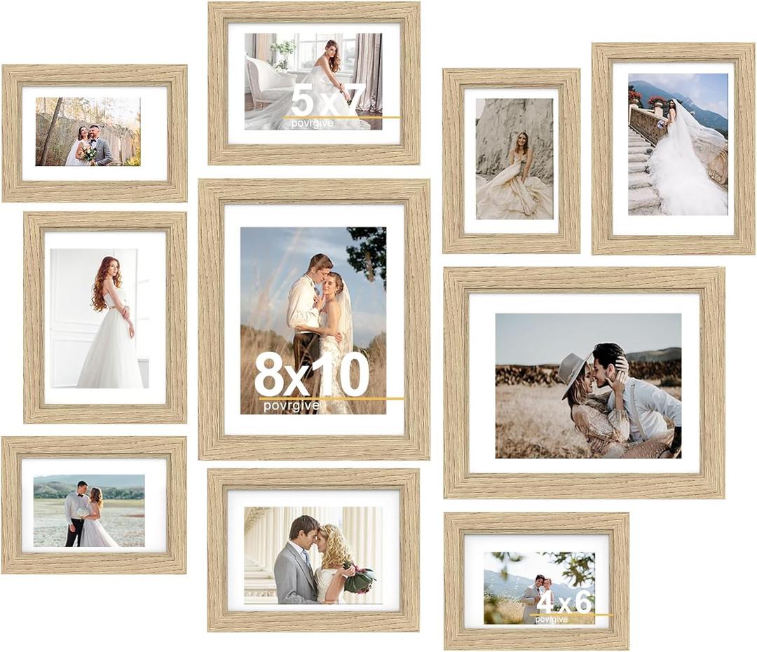 Povrgive Picture Frames, Made of Real Glass and Wooden Frame, Gallery Photo Frames Set of 10 for Collage Wall Decor, Multi Sizes Including 8x10, 5x7, 4x6 for Mounting or Tabletop Display, Wood
