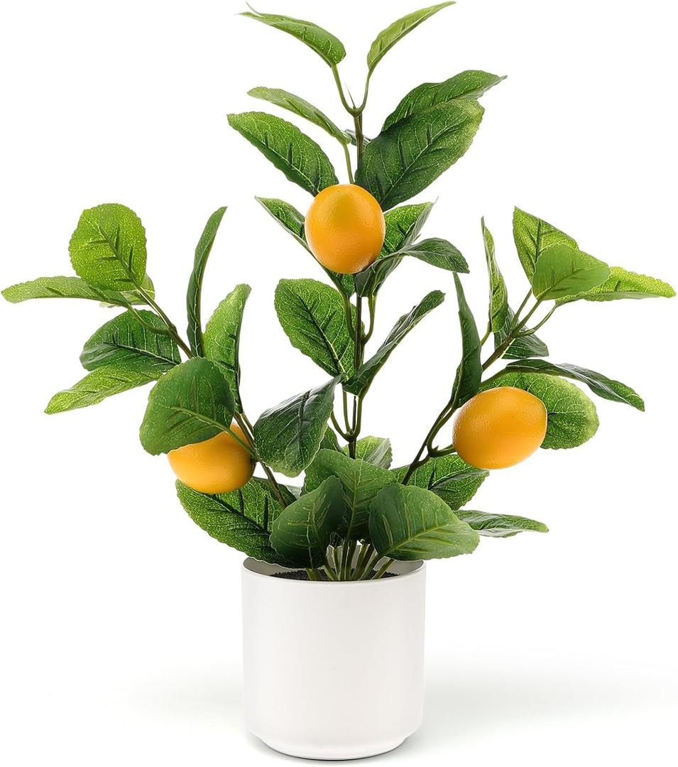 14.2 Inch Artificial Lemon Fruit Plants Potted Indoor Decoration Fake Lemon Tree Realistic Faux branche with White Pot for Kitchen Home Farmhouse Tabletop Shelf
