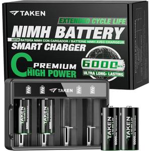 Taken Rechargeable C Batteries with Charger, 4-Pack NiMH Batteries & 4 Slot Smart Charger [6000mWh] [Fast Charging]