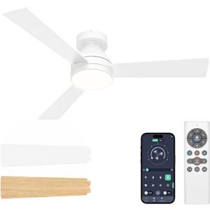VOLISUN Ceiling Fan with Lights, 42 inch Low Profile Ceiling Fan with Light and Remote, Reversible, 3CCT, Dimmable, Noiseless, White Flush Mount Ceilings Fans for Bedroom, Indoor/Outdoor