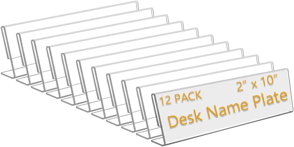 12 Pack 10"W x 2"H Acrylic Office Name Plates Name Labels for Desks, Horizontal Slant Back Clear Desk Sign Holder for Table Display