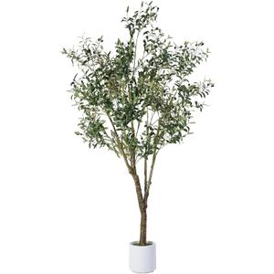 Artificial Olive Tree 7FT, Indoor Fake Silk Plant with Realistic Trunk, Leaves, Fruits and White Planter, Faux Potted Tree for Home Decor and Housewarming Gift, 1 Pack