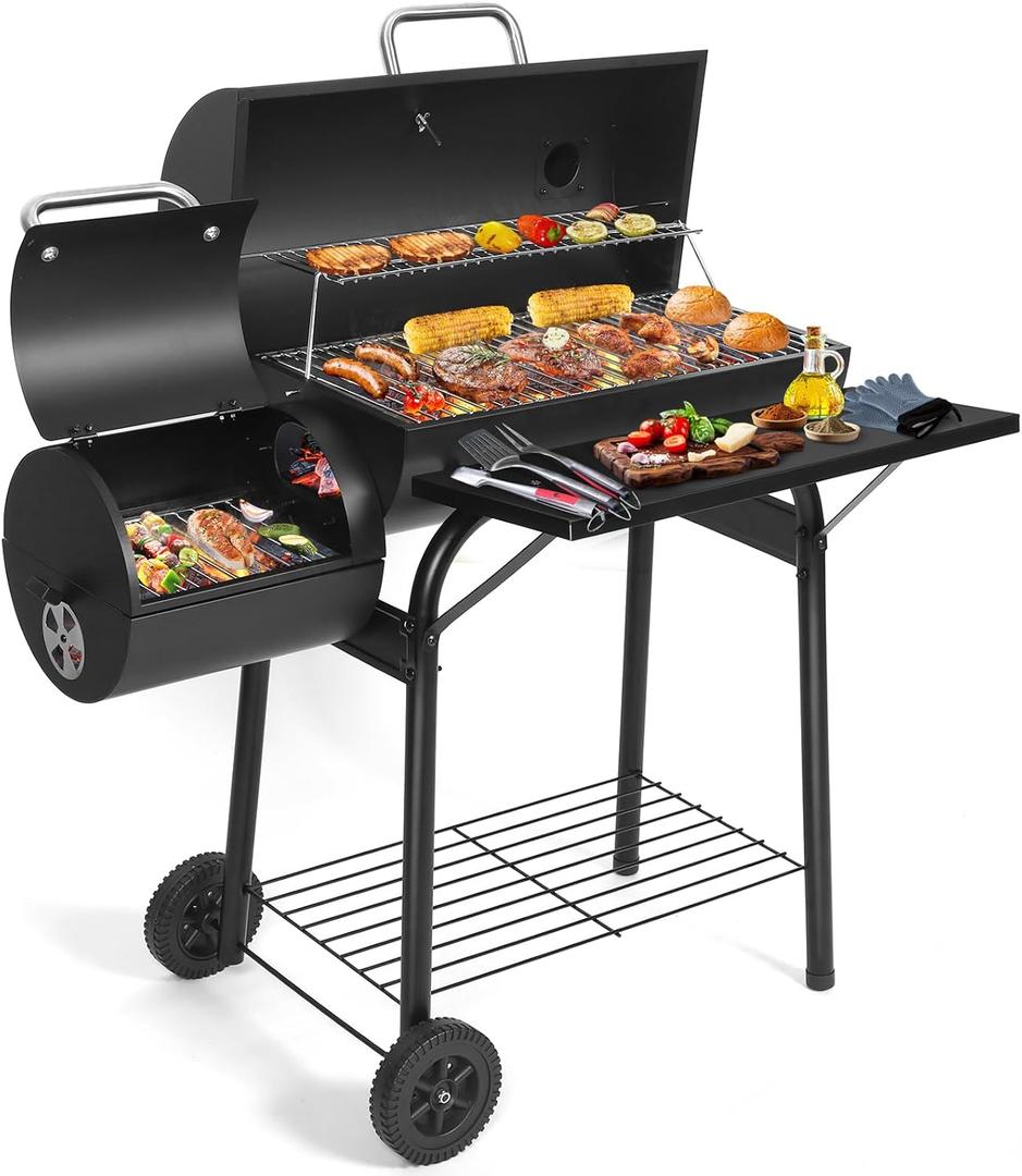 Charcoal Grill Offset Smoker: Charcoal Barbecue Grills with Spacious Cooking Area , Barrel BBQ Grill and Smokers Combo for Outdoor Patio Backyard Camping and Parties - Medium Grill