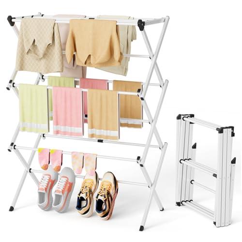 BAKON Space Saving Foldable Clothes Drying Rack, Extendable Rustproof Laundry Rack for Indoor Outdoor Use, No Assembly Required, Suitable for Bathroom Laundry Room Apartment RV, White