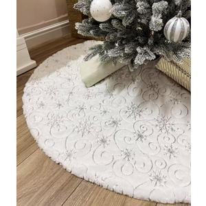 AOGU 48 Inch Sequin Faux Fur Christmas Tree Skirt for Christmas Tree Decorations White Plush Silver Sequin Snowflake Tree Skirt