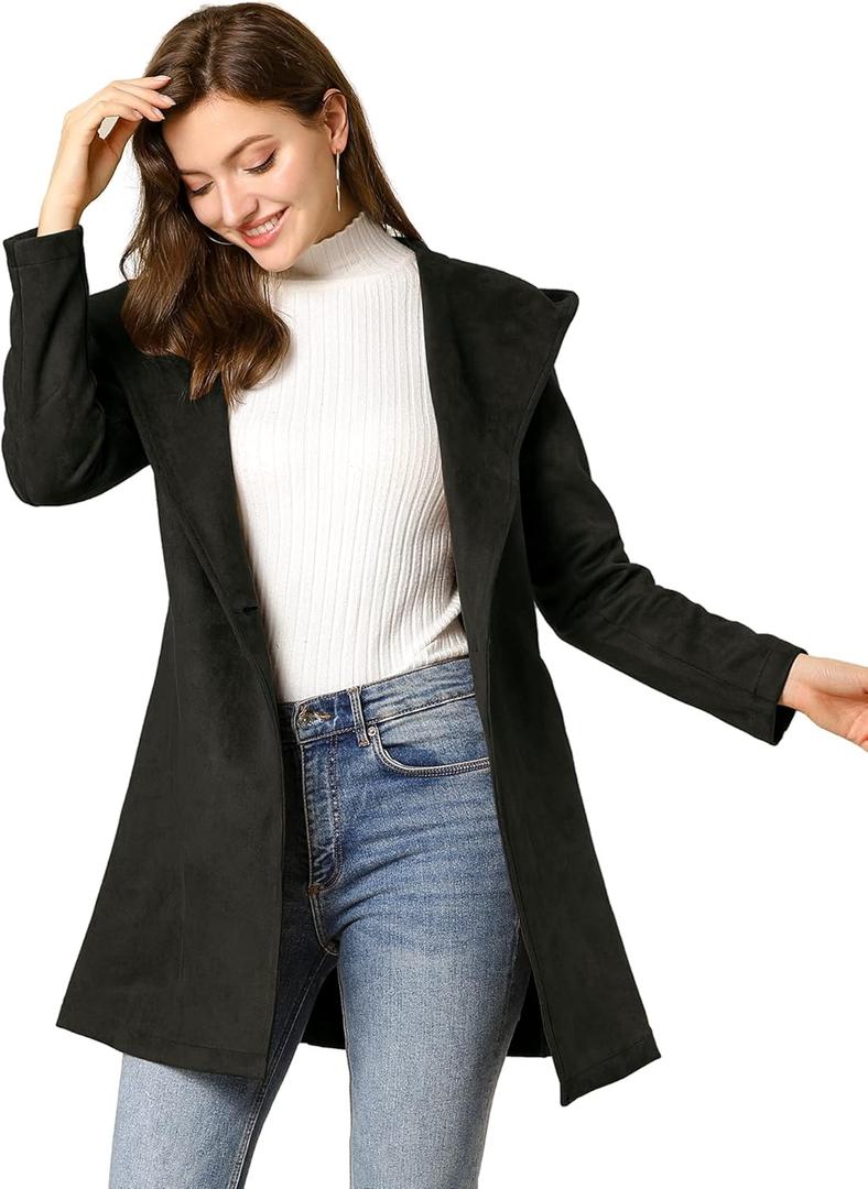 Allegra K Women's Faux Suede Hooded Winter Long Sleeve Belted Wrap Coat (Large)
