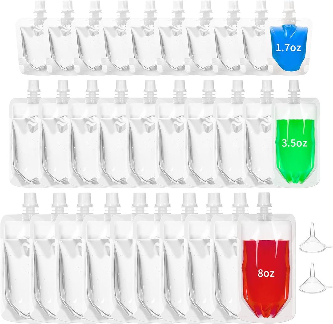 100 Pcs Plastic Pouches Bulk Clear Juice Bags Squeeze Pouches Plastic Leak Proof Bags with Funnel for Party Favors (1.7 oz/3.5 oz/8oz)