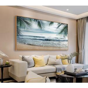 Framed Tropical Beach Wall Art - Ocean Waves Canvas Pictures Coastal Blue Sky and Sea Print Seaside Palm Tree Leaves Scene Painting Artwork Living Room Bedroom Office Home Decor 20" x 40"