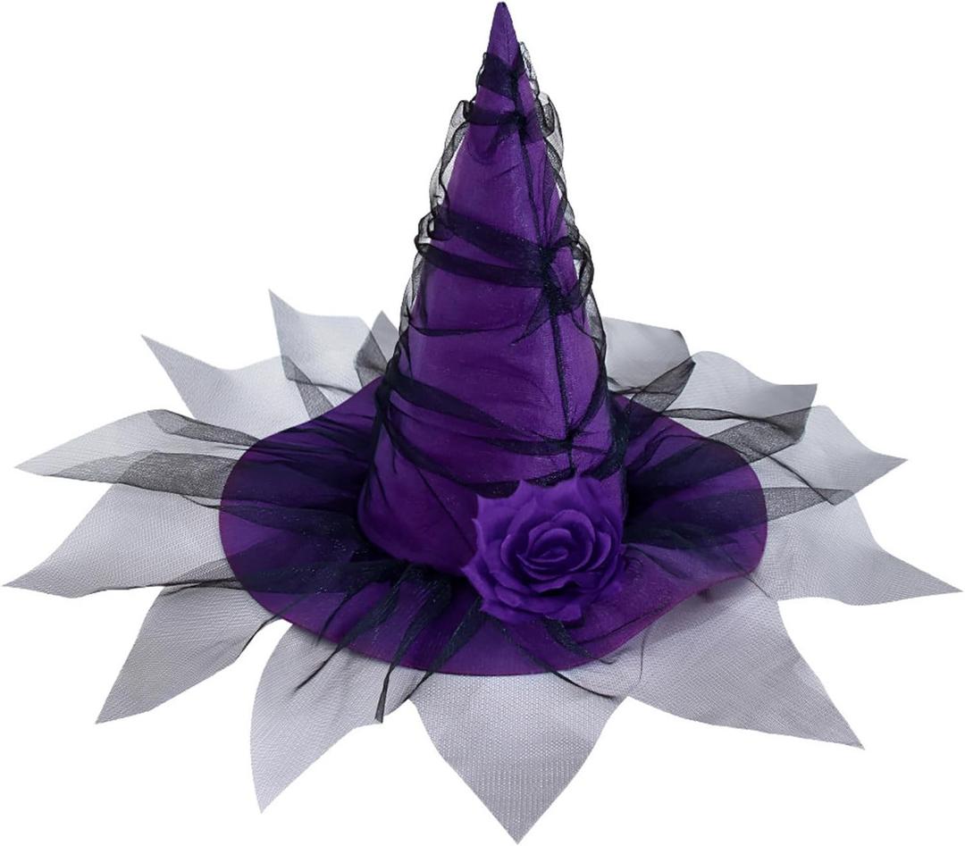 Halloween Witch Hat Purple Witches Hats with Veil and Rose Women Wizard Hat Costume Accessories for Halloween Cosplay Party
