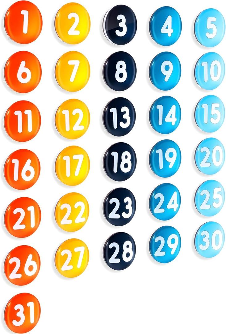 31 Large Magnetic Calendar Numbers, Colored Glass Calendar Magnets for Schedule Dry Erase Whiteboard, Magnetic Whiteboard, Refrigerator (Orange Blue, 1.37")
