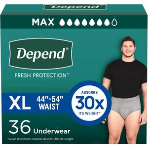 Depend Fresh Protection Adult Diapers, Incontinence Underwear for Men, Disposable, Maximum, Extra-Large, Grey, 36 Count