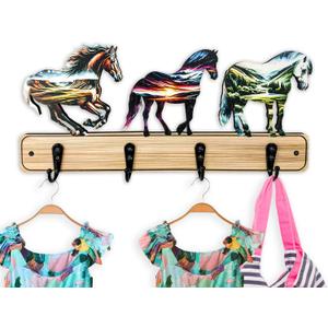13.8Long with 4 Metal Hooks Wooden Unique Decorative Modern Art Horses Animal Kids Coat Rack Hook Wall Mount