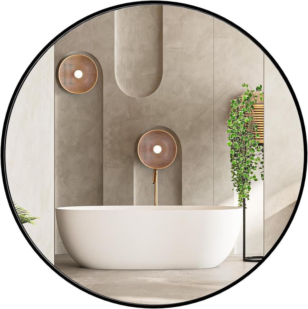 Sweetcrispy 24in Round Bathroom Mirrors for Wall, Bathroom Mirrors for Over Sink, Wall Decor for Bathroom, Entryway, Bedroom, Vanity, Classical Black