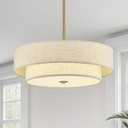 VONLUCE Modern Chandeliers, 18" Drum Chandeliers with 2-Layer Fabric Shade, 4-Light Pendant Light Fixture with E26 Bases, Light Fixture for Dining Room Bedroom Living Room, Linen Shade & Brass Finish