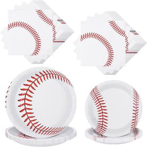 ADXCO 80 Pieces Baseball Party Supplies 9 & 7 Inch Baseball Paper Plates 32 Plates & 48 Napkins, Red and White, for Birthday Sports Theme Party Decorations