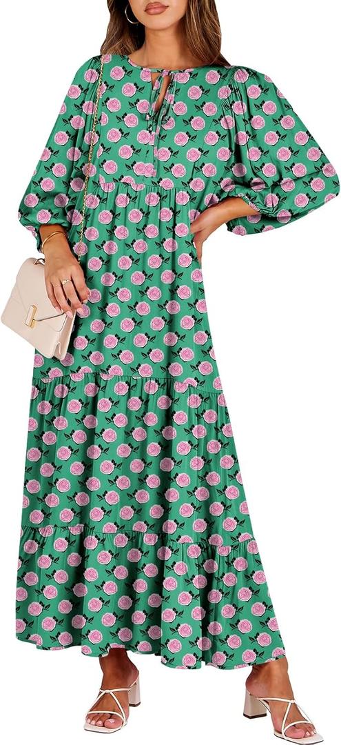 ANRABESS Womens Boho Maxi Dresses 2025 Summer V Neck Puff Sleeve Floral Flowy Swing Fall Casual Long Dress (Large, Green)