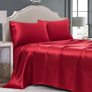 3 Pcs Red Satin Sheets Twin Size Silky Satin Bedding Sheets Set with 1 Deep Pocket Fitted Sheet, 1 Flat Sheet, 1 Pillowcase